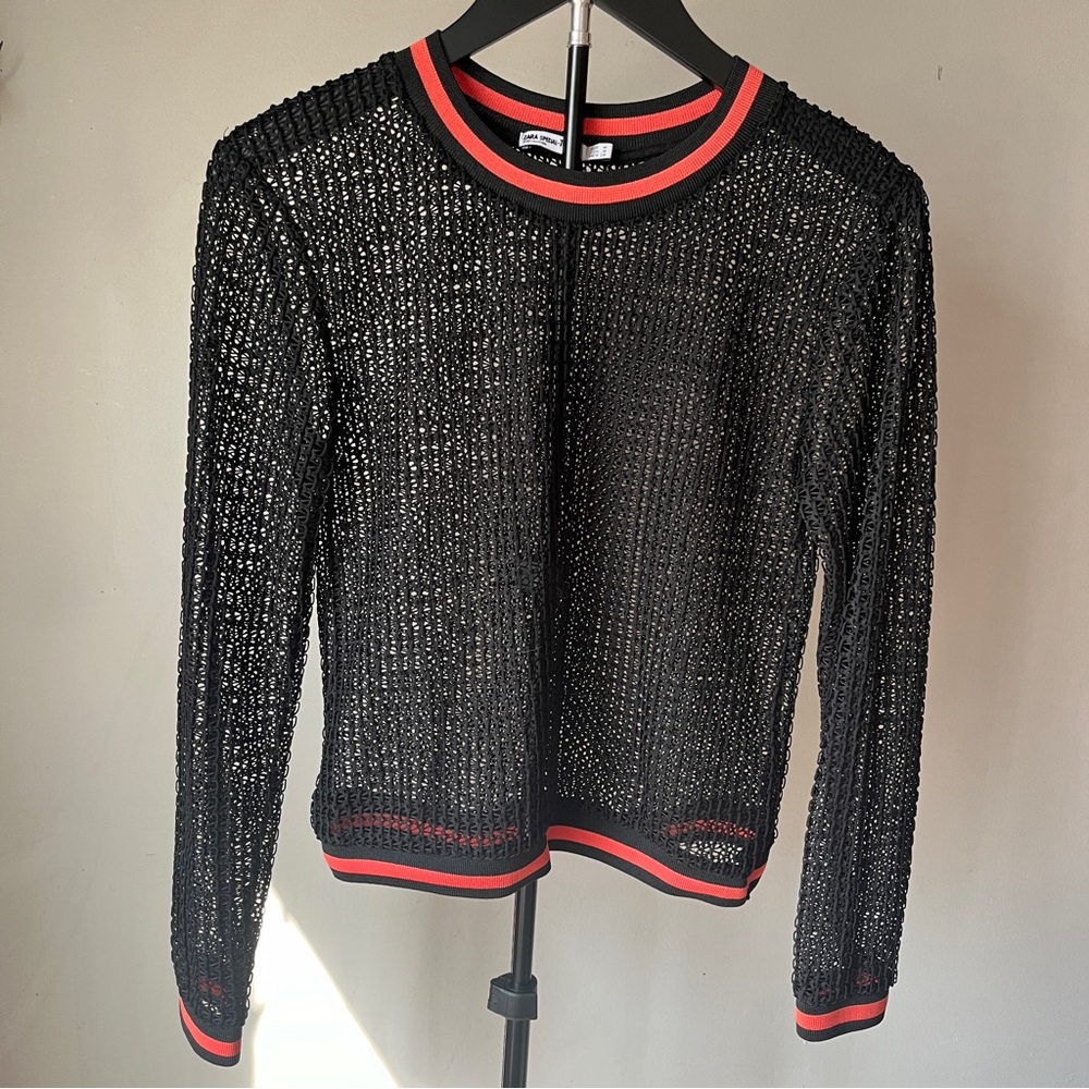 Zara black meshed, netted, see-through top size Medium